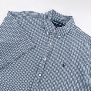 Ralph Lauren Short Sleeve Button Down Shirt Mens XL Blake Blue Plaid Logo Pony